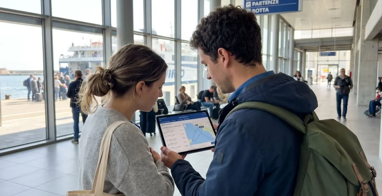 Una coppia vista di spalle consulta informazioni di viaggio su un tablet al moderno terminal traghetti, ambiente luminoso con ampie vetrate