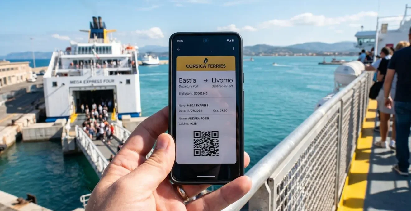 Primo piano ravvicinato di un boarding pass digitale su schermo smartphone che mostra nomi di porti italiani, sfondo sfocato con ringhiera e mare