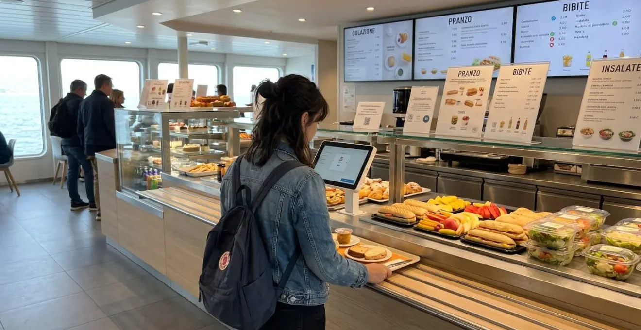 Una persona vista di spalle al bancone self-service di un traghetto moderno, ambiente luminoso con vassoi colorati e offerta gastronomica visibile