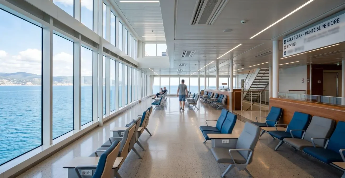 Veduta grandangolare del ponte passeggeri interno di un traghetto moderno con poltrone contemporanee, ampie vetrate e luce naturale abbondante